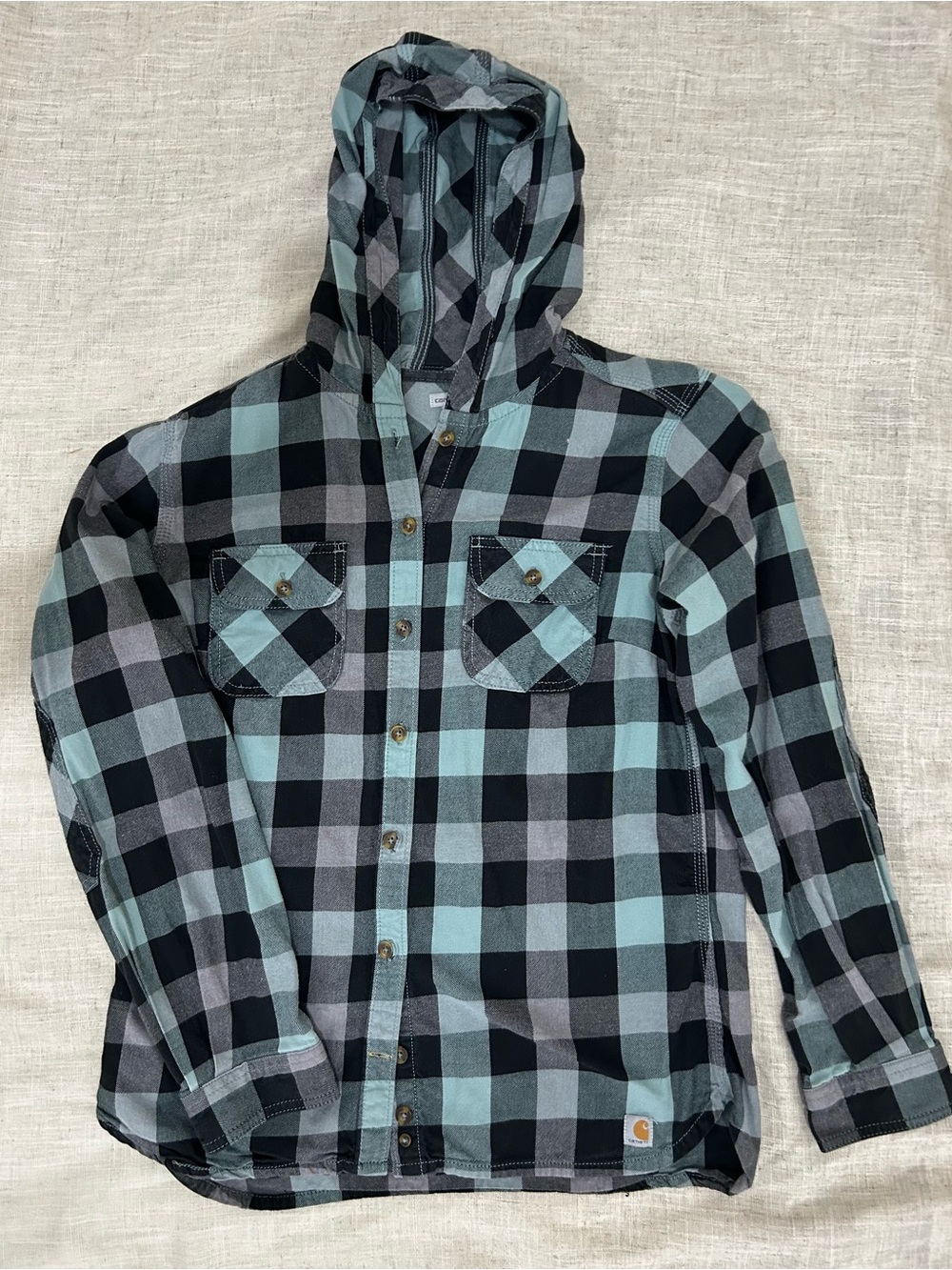 Carhartt Women's Plaid Hooded Button-Down Shirt Jacket - Black & Light Teal